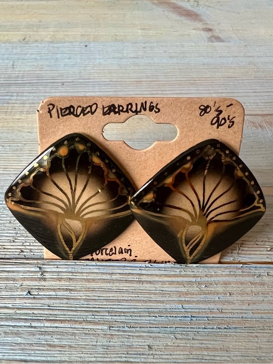 Hand Crafted Jewelry - Vintage Hand Painted Porcelain Earrings 80s 90s Signed Stud Gold Overlay